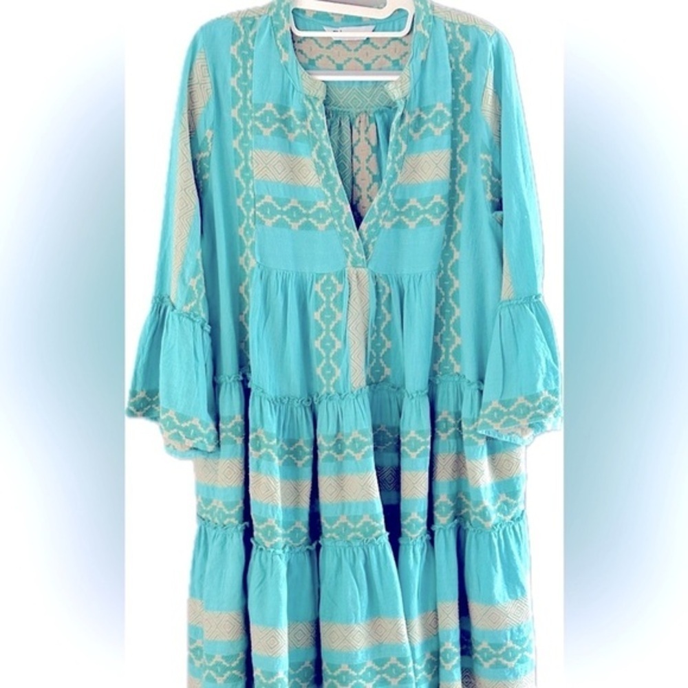 Dharma Dress  Sz M Cotton Weaved Geometric Tiered  Knee long Boho chic Hippie